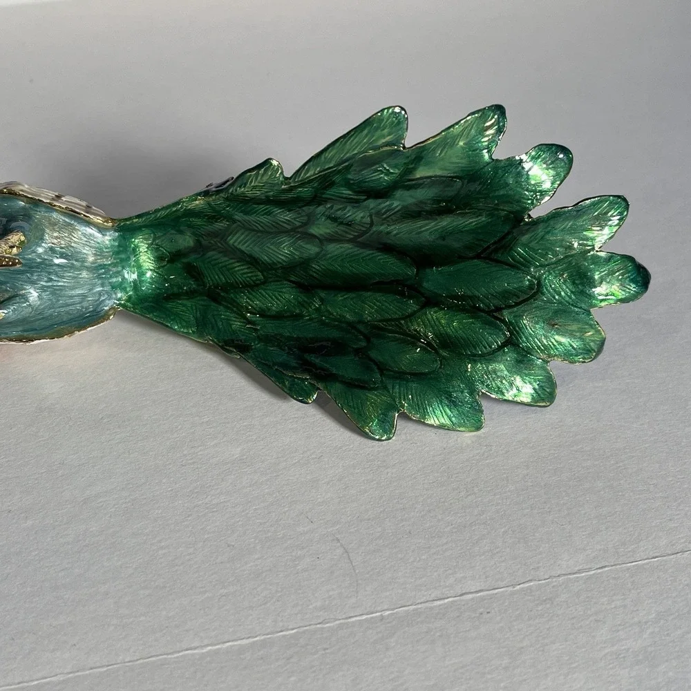 Peacock Enameled Metal Hinged Trinket Box w/ Austrian Crystals Figurine
